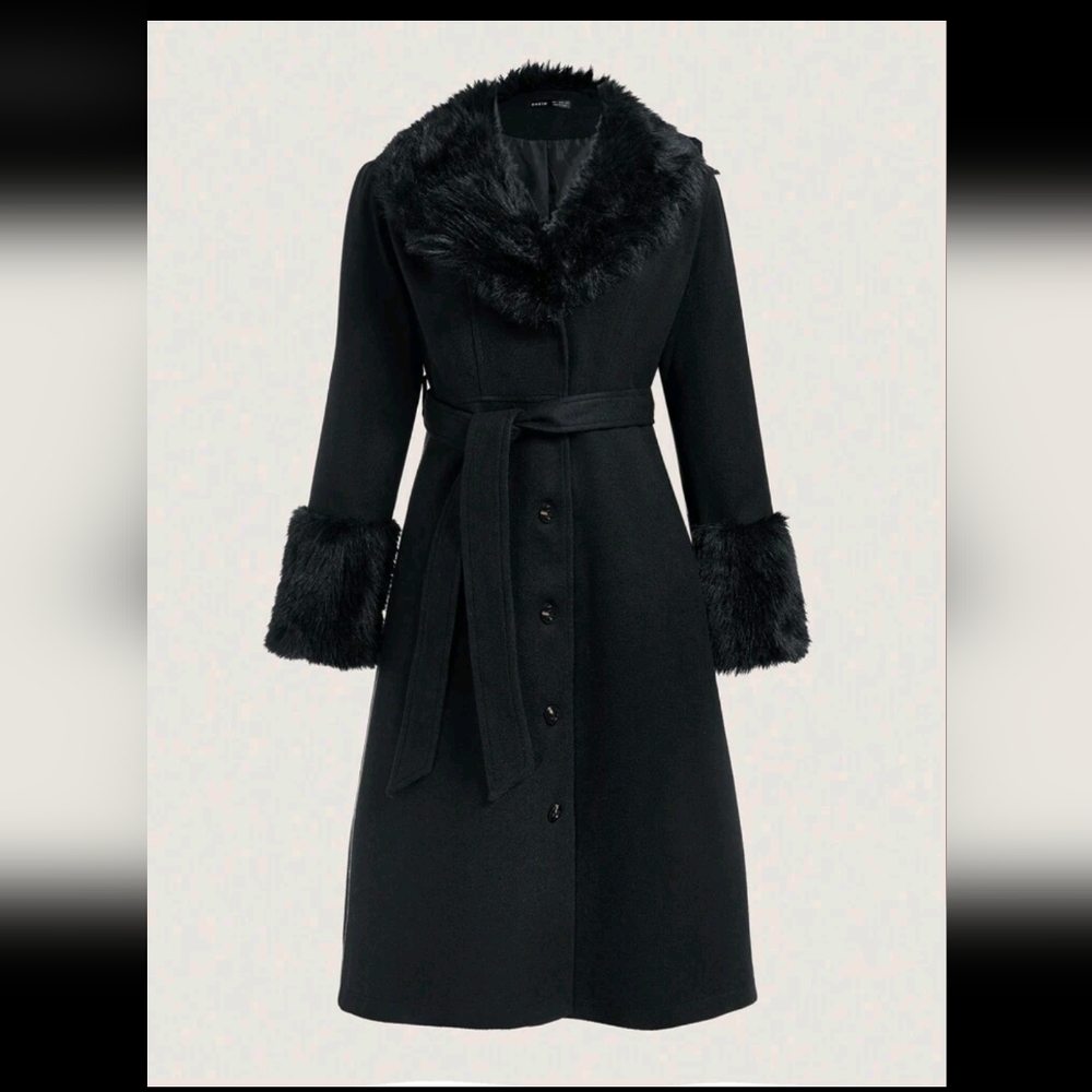 SHEIN Black Faux Fur Trim Trench Coat